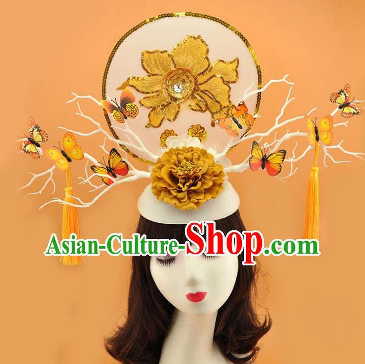 Chinese Court Yellow Butterfly Branch Top Hat Catwalks Deluxe Tassel Headdress Stage Show Sequins Peony Hair Crown