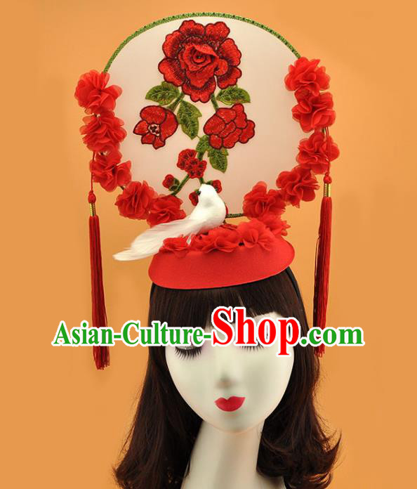 Chinese Stage Show Pigeon Hair Crown Court Embroidered Red Flowers Top Hat New Year Catwalks Deluxe Headwear