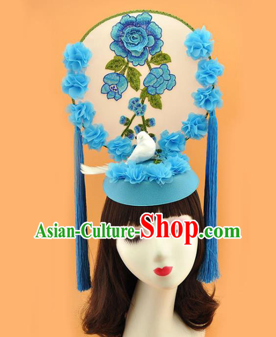 Chinese New Year Catwalks Deluxe Headwear Stage Show Pigeon Hair Crown Court Embroidered Blue Flowers Top Hat