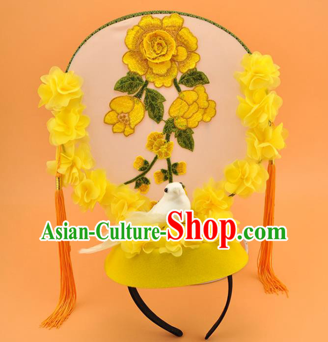 Chinese Court Embroidered Yellow Flowers Top Hat New Year Catwalks Deluxe Headwear Stage Show Pigeon Hair Crown