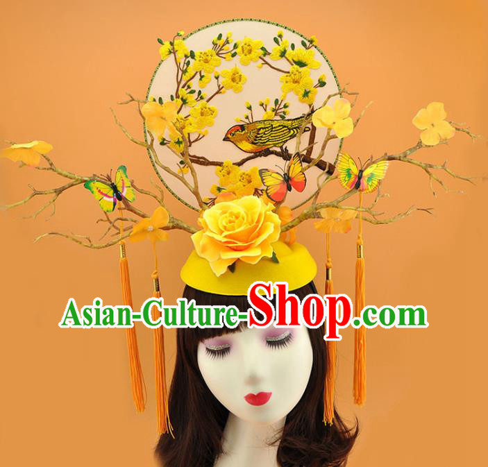 Chinese Qipao Catwalks Deluxe Yellow Rose Headpiece Stage Show  Hair Crown Traditional Court Branch Top Hat