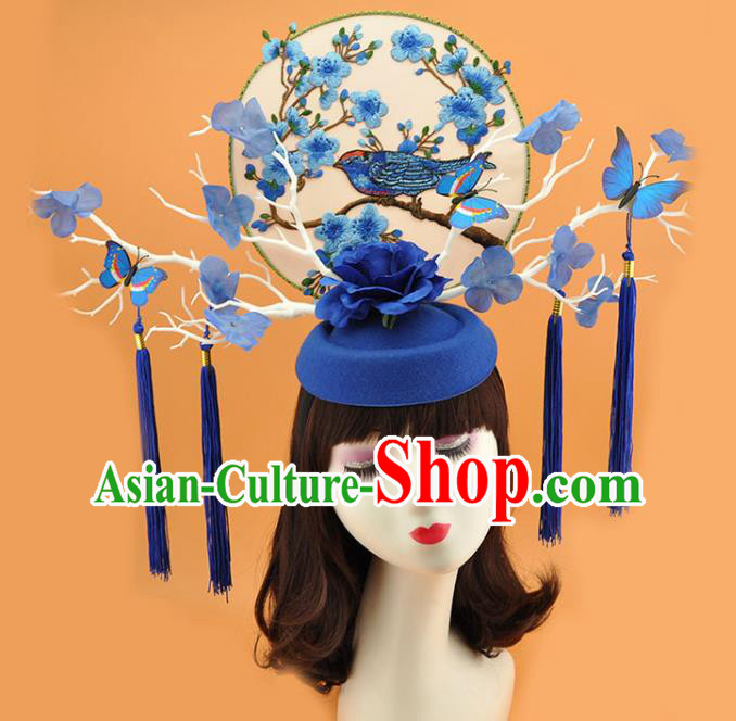 Chinese Stage Show Hair Crown Traditional Court Branch Top Hat Qipao Catwalks Deluxe Blue Rose Headpiece