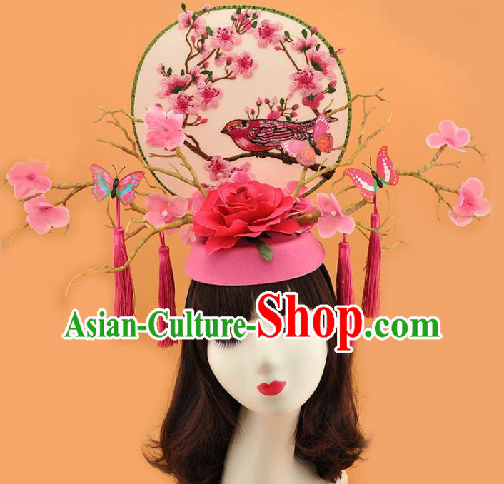 Chinese Handmade Qipao Catwalks Deluxe Pink Rose Headpiece Stage Show Embroidered Hair Crown Traditional Court Branch Top Hat