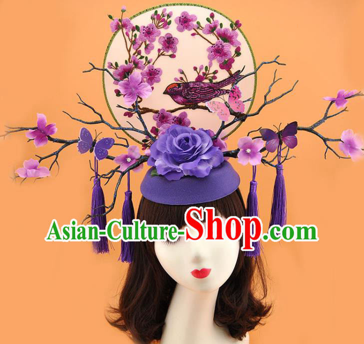 Chinese Traditional Court Purple Butterfly Branch Top Hat Handmade Qipao Catwalks Deluxe Rose Headpiece Stage Show Embroidered Hair Crown