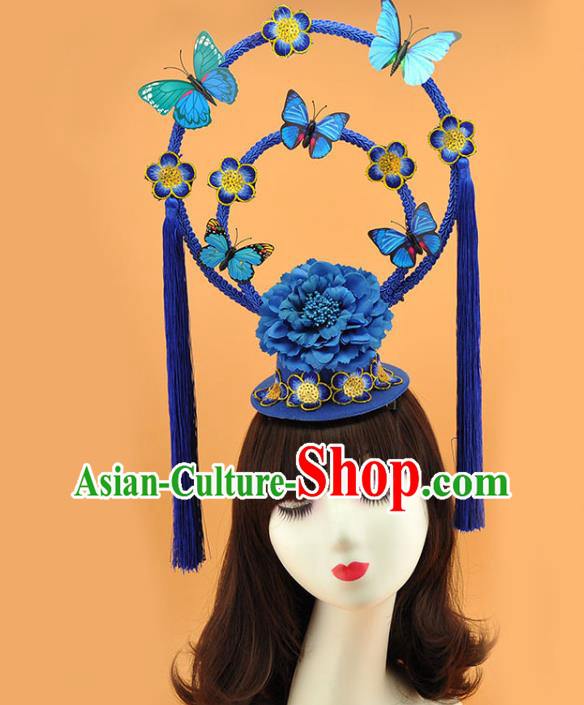 Chinese Traditional Court Blue Butterfly Top Hat Catwalks Deluxe Headpiece Stage Show Tassel Hair Crown