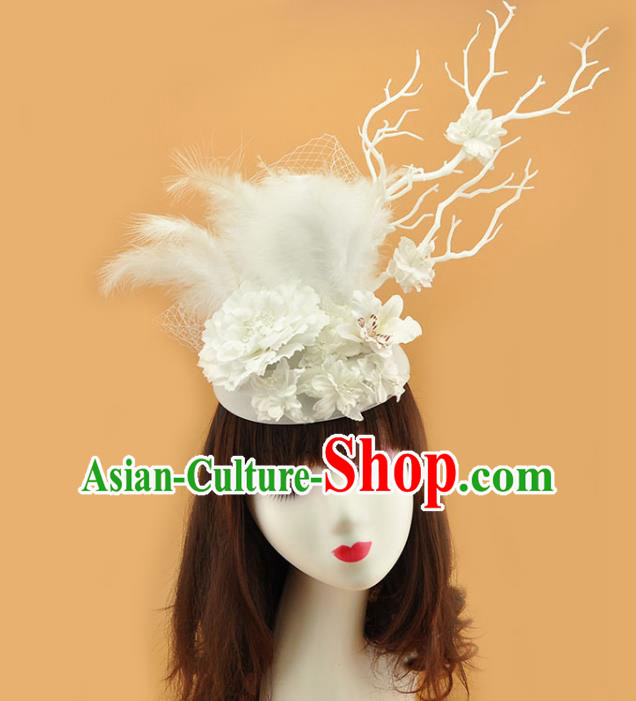 Top Brazilian Carnival Royal Crown Halloween Party White Flowers Hat Miami Feather Headdress Cosplay Fancy Ball Hair Accessories