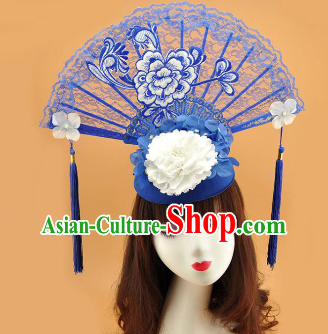 Chinese Traditional Court Blue Lace Fan Top Hat Handmade Qipao Catwalks Deluxe Headpiece Stage Show Embroidered Peony Hair Crown