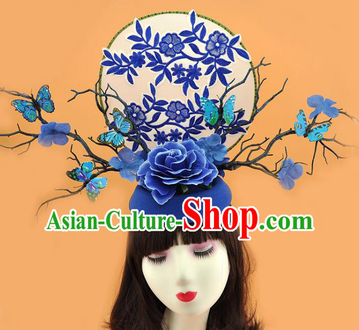 Chinese Handmade Qipao Catwalks Deluxe Headpiece Stage Show Embroidered Hair Crown Traditional Court Branch Fan Top Hat