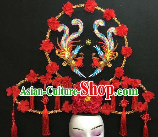 Chinese Qipao Stage Show Embroidered Phoenix Hair Crown Traditional Court Red Peony Fan Top Hat Handmade Catwalks Deluxe Headpiece