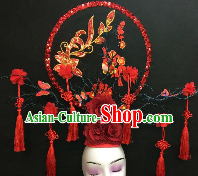 Chinese Handmade Catwalks Deluxe Headpiece Qipao Stage Show Embroidered Hair Crown Traditional Court Red Peony Sequins Top Hat