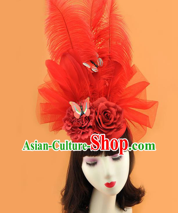 Top Miami Red Feathers Headdress Cosplay Party Hair Accessories Rio Carnival Royal Crown Halloween Fancy Ball Hat