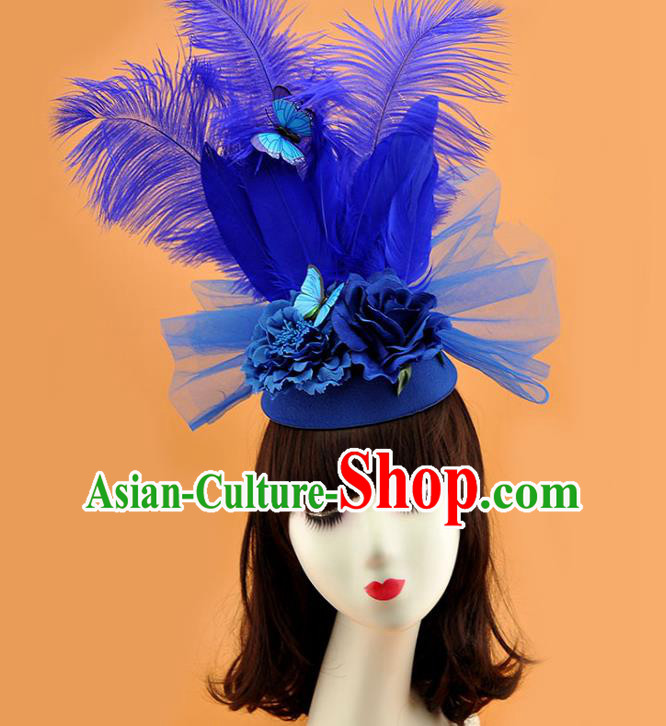 Top Cosplay Party Hair Accessories Rio Carnival Royal Crown Halloween Fancy Ball Hat Miami Royalblue Feathers Headdress