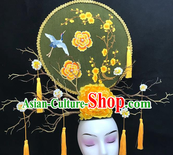 Chinese Handmade Catwalks Deluxe Headpiece Qipao Stage Show Embroidered Crane Hair Crown Traditional Court Yellow Peony Top Hat