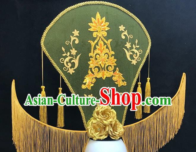 Chinese Handmade Catwalks Deluxe Tassel Headwear Qipao Stage Show Golden Peony Hair Crown Traditional Court Top Hat