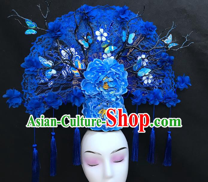 Chinese Traditional Court Giant Blue Peony Fan Top Hat Handmade Catwalks Deluxe Lace Headwear Qipao Stage Show Hair Crown