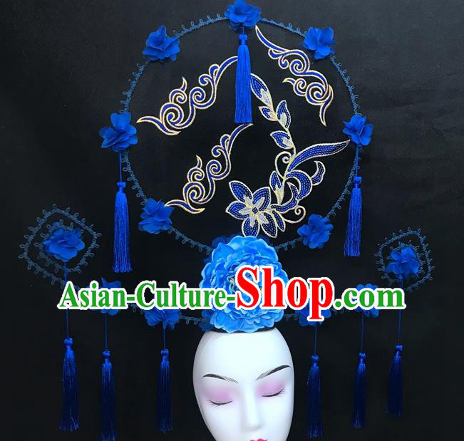 Chinese Handmade Catwalks Deluxe Headwear Qipao Stage Show Tassel Hair Crown Traditional Court Giant Blue Peony Top Hat