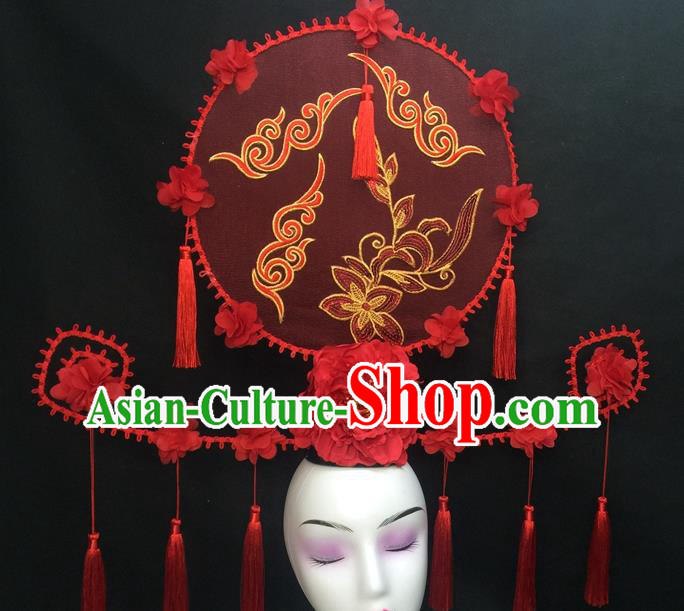 Chinese Traditional Court Giant Red Peony Top Hat Handmade Catwalks Deluxe Headwear Qipao Stage Show Tassel Hair Crown
