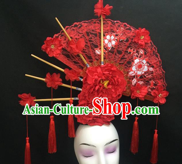Chinese Handmade Catwalks Deluxe Lace Fan Headwear Qipao Stage Show Hair Crown Traditional Court Giant Red Peony Top Hat