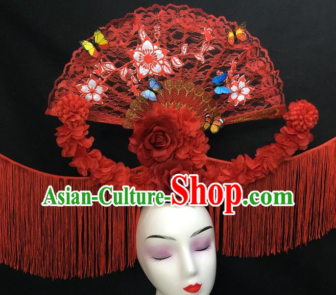 Chinese Handmade Catwalks Deluxe Tassel Headwear Qipao Stage Show Red Lace Fan Hair Crown Traditional Court Giant Flowers Top Hat
