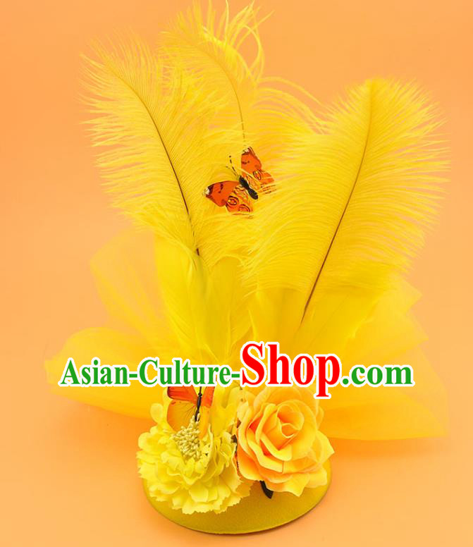 Top Cosplay Party Hair Accessories Brazilian Carnival Royal Crown Halloween Fancy Ball Hat Miami Yellow Feathers Headdress