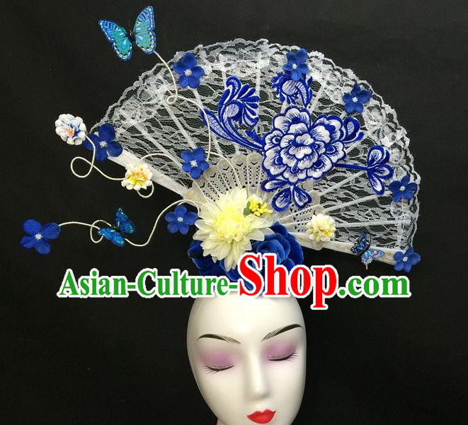 Chinese Handmade Catwalks Deluxe Embroidered Peony Headwear Qipao Stage Show White Lace Fan Hair Crown Traditional Court Giant Top Hat