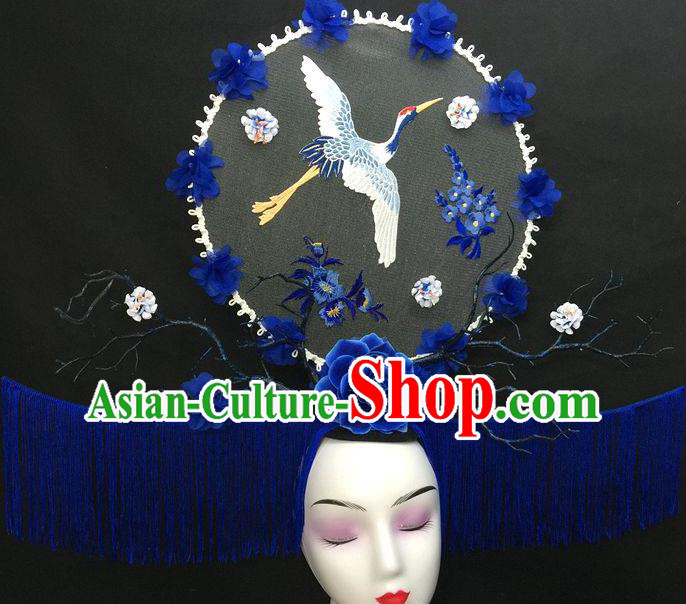 Chinese Handmade Catwalks Deluxe Tassel Headwear Qipao Stage Show Embroidered Crane Hair Crown Traditional Court Giant Branch Top Hat