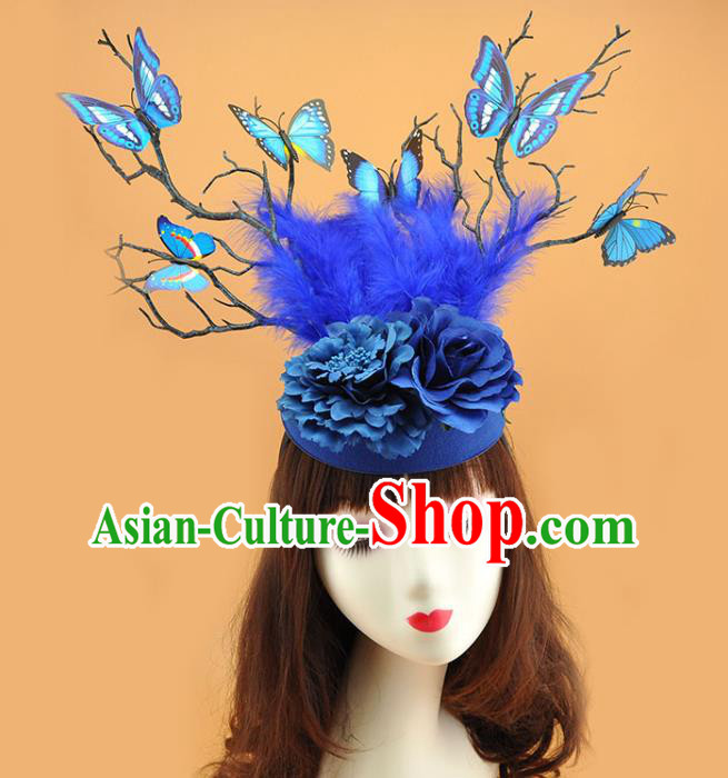 Top Brazilian Carnival Feather Royal Crown Halloween Fancy Ball Branch Hat Miami Blue Butterfly Headdress Cosplay Party Hair Accessories