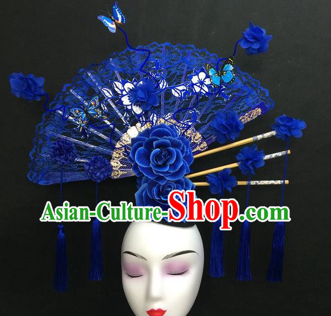 Chinese Handmade Catwalks Deluxe Lace Fashion Headwear Qipao Stage Show Hair Crown Traditional Court Giant Blue Fan Tassel Top Hat
