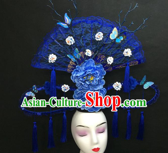 Chinese Qipao Stage Show Tassel Hair Crown Traditional Court Giant Lace Fan Top Hat Handmade Catwalks Deluxe Blue Peony Headwear