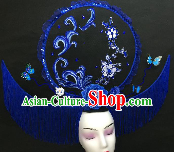 Chinese Handmade Catwalks Deluxe Tassel Fashion Headwear Qipao Stage Show Hair Crown Traditional Court Giant Blue Peony Top Hat