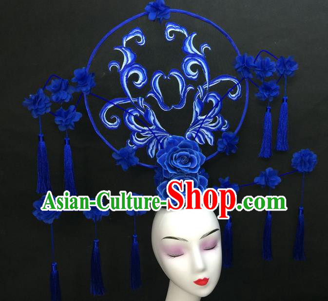 Chinese Traditional Court Giant Blue Peony Top Hat Handmade Catwalks Deluxe Tassel Fashion Headwear Qipao Stage Show Hair Crown