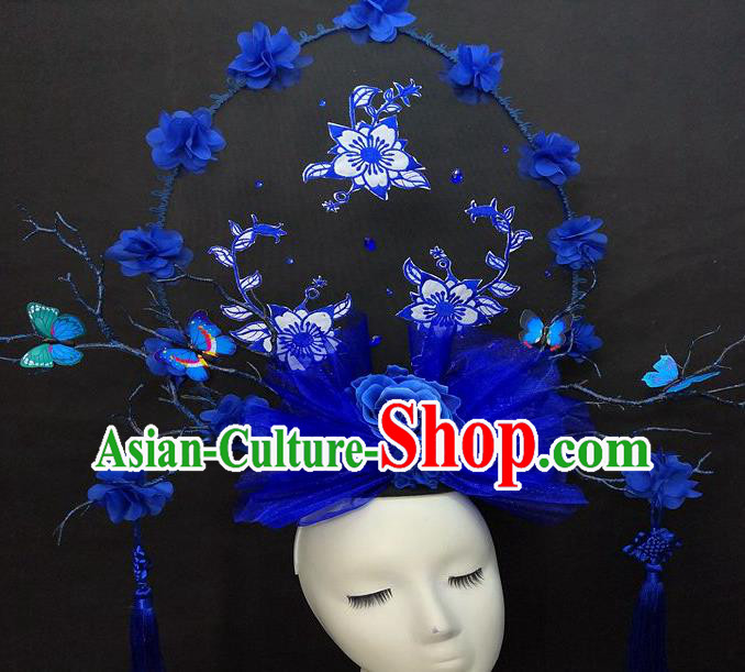 Chinese Handmade Catwalks Deluxe Butterfly Fashion Headwear Cheongsam Stage Show Royalblue Veil Hair Crown Traditional Court Tassel Giant Top Hat