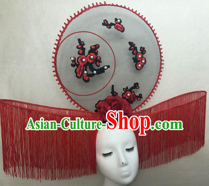 Chinese Traditional Court Red Tassel Giant Top Hat Handmade Catwalks Deluxe Fashion Headwear Cheongsam Stage Show Fan Hair Crown