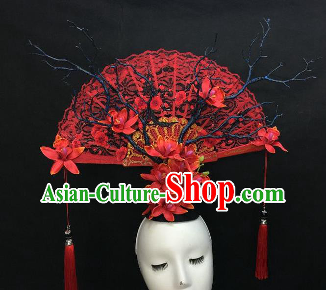 Chinese Handmade Catwalks Red Lace Fashion Headwear Cheongsam Stage Show Giant Hair Crown Traditional Court Deluxe Top Hat