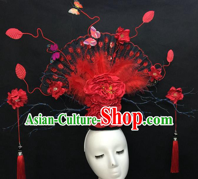 Chinese Traditional Court Deluxe Fan Top Hat Handmade Catwalks Red Peony Fashion Headwear Cheongsam Stage Show Giant Feather Hair Crown