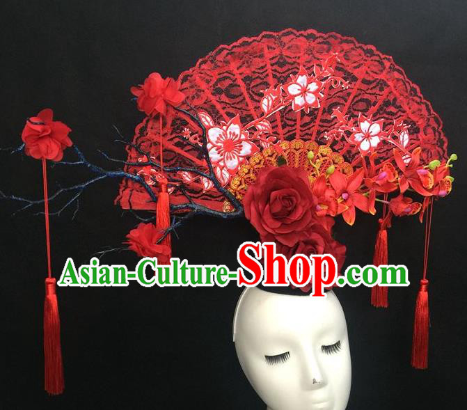 Chinese Traditional Stage Court Deluxe Top Hat Handmade Cheongsam Catwalks Red Lace Fan Headwear Fashion Show Giant Hair Crown