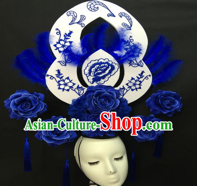 Chinese Handmade Fashion Show Giant Feather Hair Crown Traditional Stage Court Top Hat Cheongsam Catwalks Deluxe Blue Peony Headwear