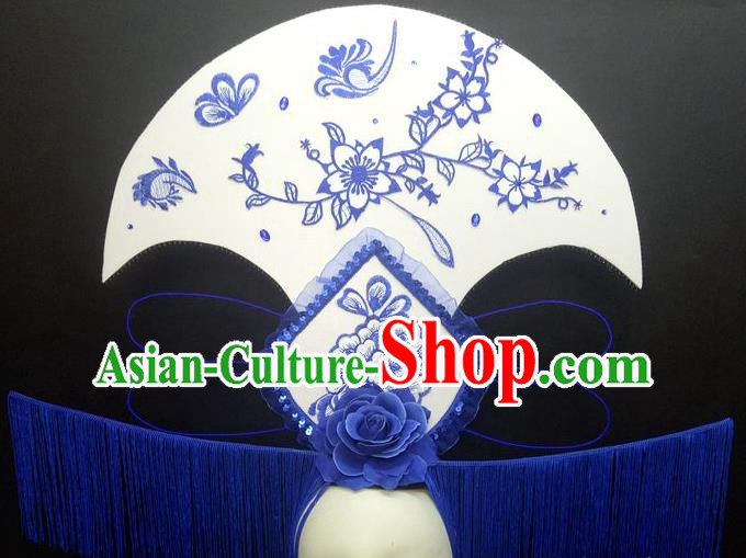 Chinese Cheongsam Catwalks Deluxe Tassel Headwear Handmade Fashion Show Giant Hair Crown Traditional Stage Court Blue Peony Top Hat