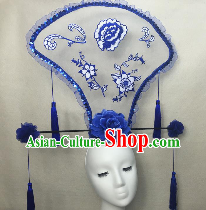 Chinese Traditional Stage Court Embroidered Peony Top Hat Cheongsam Catwalks Deluxe Headwear Handmade Fashion Show Giant Fan Hair Crown