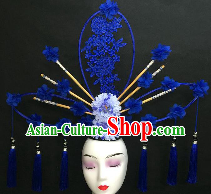 Chinese Traditional Court Giant Fan Top Hat Handmade Catwalks Deluxe Fashion Headwear Qipao Stage Show Blue Tassel Hair Crown