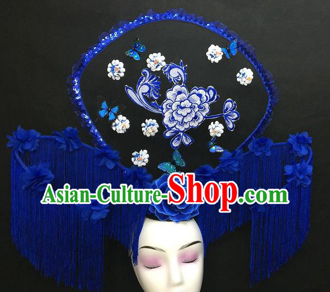 Chinese Qipao Stage Show Embroidered Hair Crown Traditional Court Giant Fan Top Hat Handmade Catwalks Deluxe Tassel Fashion Headwear