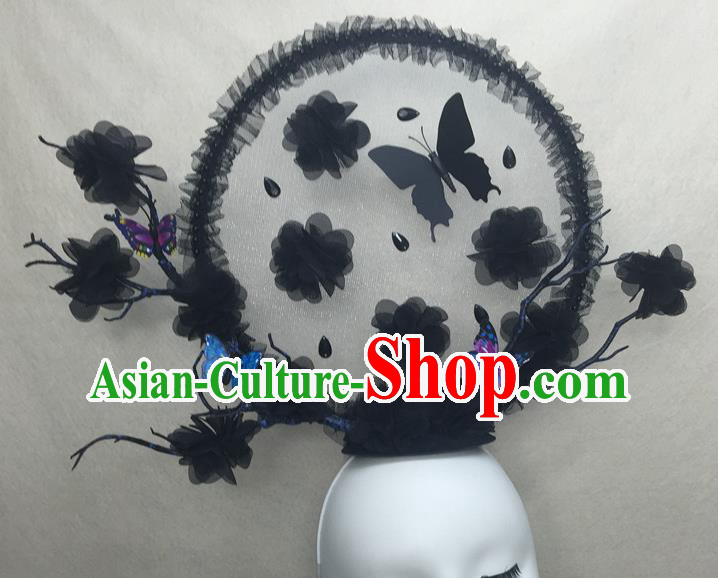 Top Gothic Black Silk Flowers Headdress Cosplay Party Hair Accessories Bride Royal Crown Halloween Fancy Ball Butterfly Top Hat