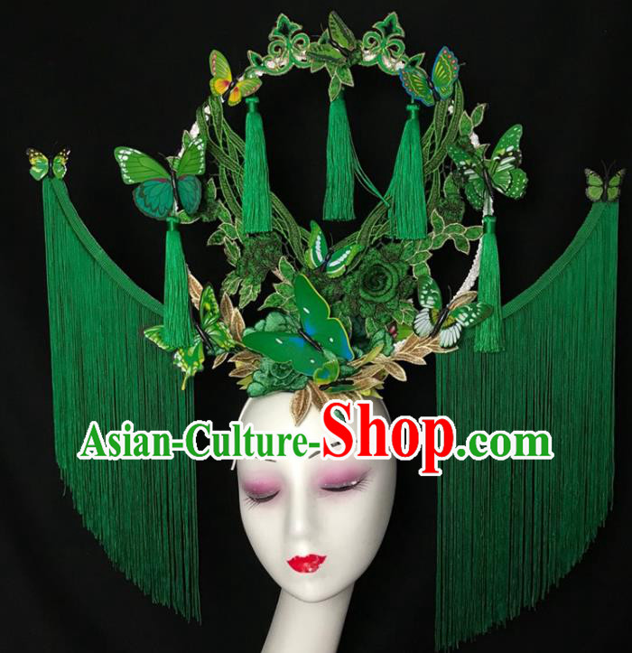 Chinese Traditional Court Green Flowers Butterfly Hair Clasp Catwalks Giant Fashion Headpiece Handmade Cheongsam Stage Show Tassel Hair Crown