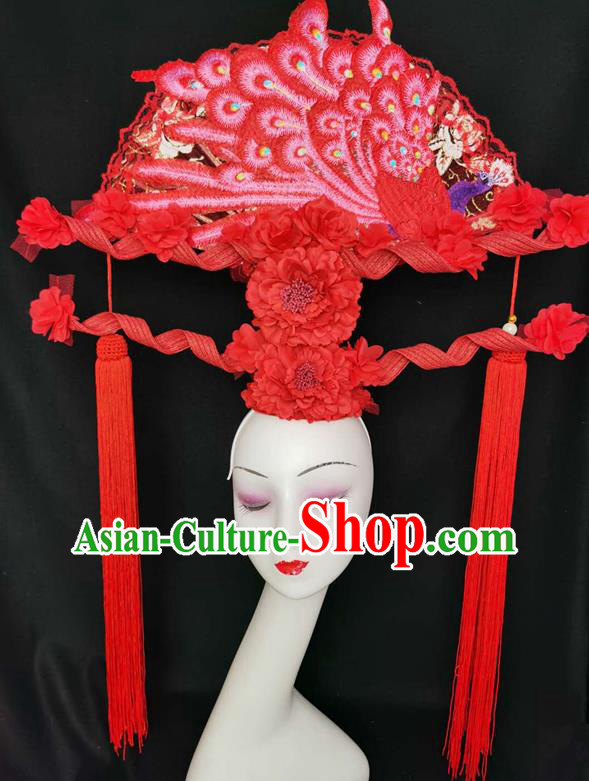 Chinese Handmade Cheongsam Show Red Peacock Fan Hair Crown Traditional Court Peony Tassel Hair Clasp Catwalks Giant Fashion Headpiece