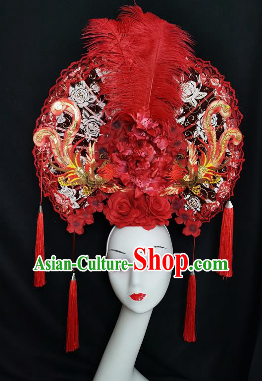China Traditional Court Red Feather Hair Clasp Catwalks Giant Fashion Headwear Handmade Cheongsam Show Lace Fan Phoenix Hair Crown