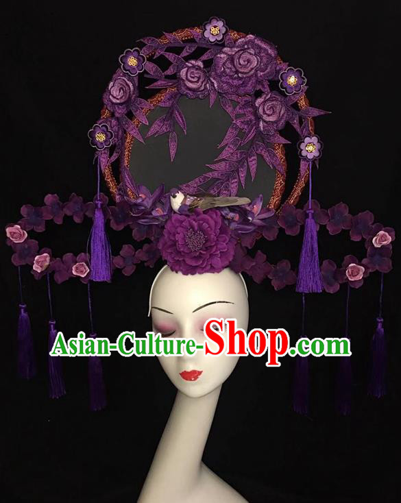 China Traditional Court Purple Peony Hair Clasp Handmade Catwalks Giant Fashion Headdress Cheongsam Show Embroidered Fan Hair Crown