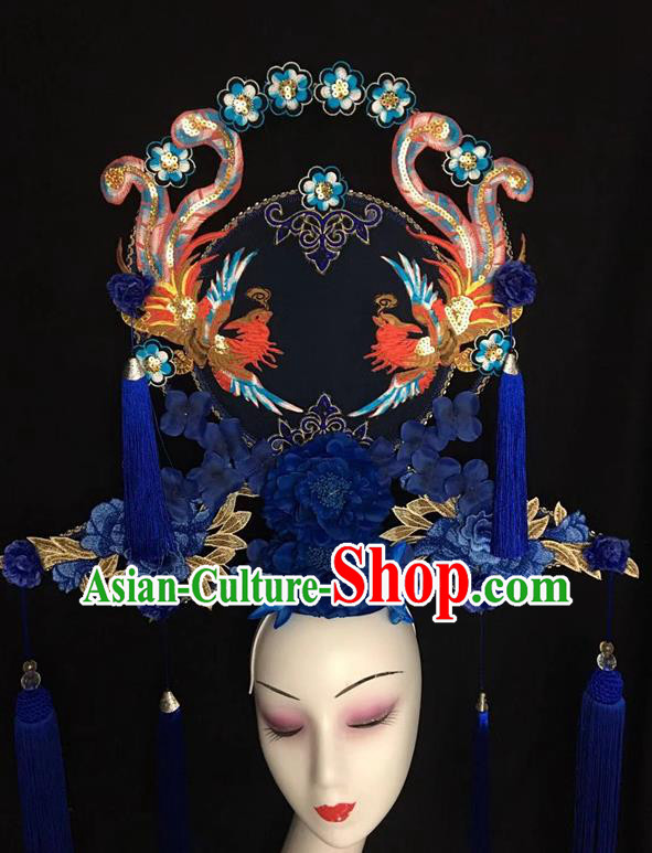 China Handmade Catwalks Giant Fashion Headdress Cheongsam Show Embroidered Phoenix Hair Crown Traditional Court Blue Peony Hair Clasp