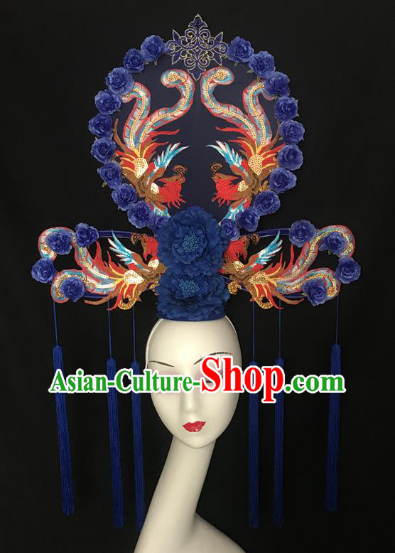Chinese Catwalks Giant Fashion Headpiece Handmade Cheongsam Show Navy Peony Tassel Hair Crown Traditional Court Fan Hair Clasp