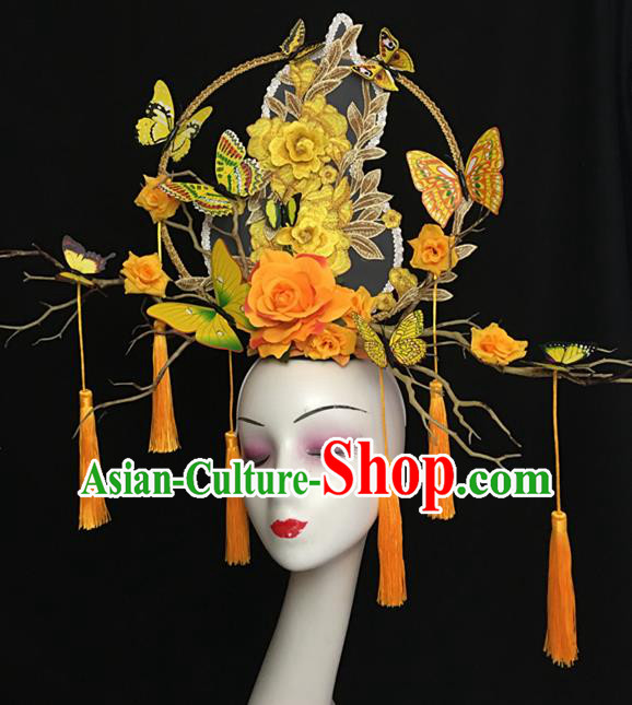 China Handmade Catwalks Bride Giant Fashion Headdress Cheongsam Show Orange Peony Hair Crown Traditional Court Tassel Hair Clasp