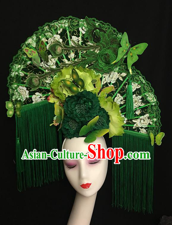 China Traditional Court Green Tassel Hair Clasp Handmade Catwalks Bride Giant Fashion Headdress Cheongsam Show Lace Phoenix Fan Hair Crown